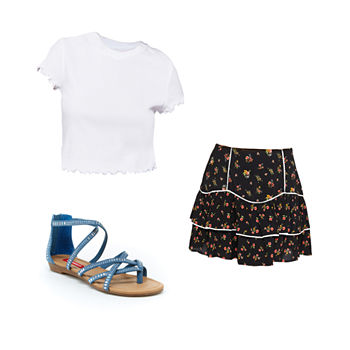 Forever 21 Ribbed Baby Tee, Floral Skirt & Arizona Augie Sandals