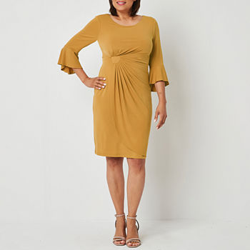 Connected Apparel Petite 3/4 Bell Sleeve Sheath Dress
