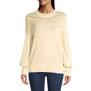 Liz Claiborne Womens Scallop Neck Embellished Long Sleeve Pullover Sweater