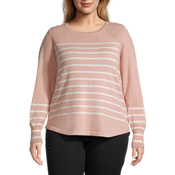 Liz Claiborne Plus Womens Crew Neck Long Sleeve Striped Pullover Sweater