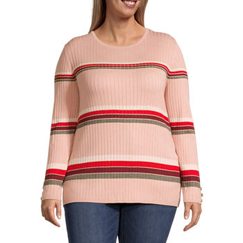 Liz Claiborne Plus Womens Round Neck Long Sleeve Striped Pullover Sweater