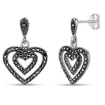 Black Marcasite Sterling Silver Heart Drop Earrings