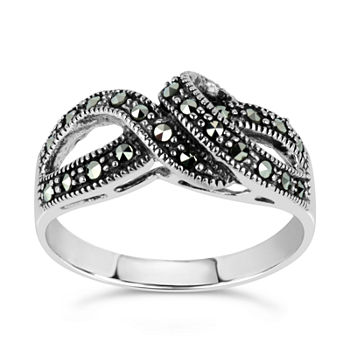 Womens Black Marcasite Sterling Silver Cocktail Ring