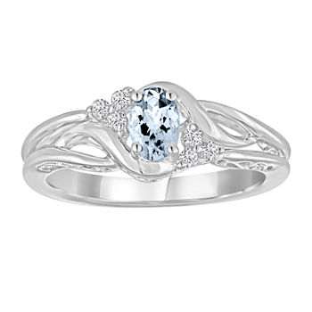 Womens Genuine Aquamarine & Lab-Created White Sapphire Sterling Silver Cocktail Ring
