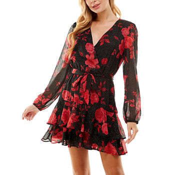 City Triangle Juniors Long Sleeve Floral Fit + Flare Dress