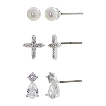 Sparkle Allure 3 Pair Cubic Zirconia Simulated Pearl Cross Earring Set