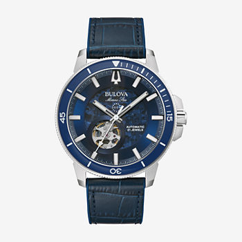 Bulova Marine Star Series C Mens Automatic Blue Leather Bracelet Watch 96a291