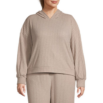 Ambrielle Womens Plus Long Sleeve Brush Rib Hooded Pajama Top