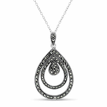 Womens Black Marcasite Sterling Silver Pear Pendant Necklace