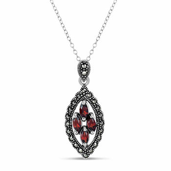Womens Genuine Black Marcasite Sterling Silver Oval Pendant Necklace