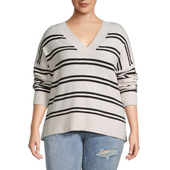 a.n.a Plus Womens V Neck Long Sleeve Striped Pullover Sweater