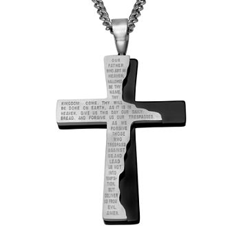 Mens Lord's Prayer Two-Tone Stainless Steel Cross Pendant Necklace