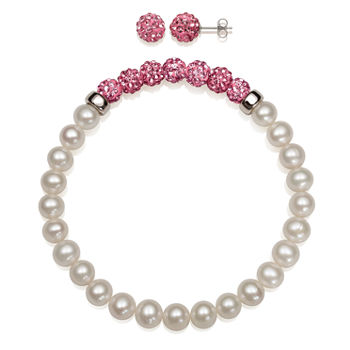 Cultured Freshwater Pearl & Pink Lab Created Crystal Bead Sterling Silver Jewelry Set