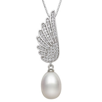 Cultured Freshwater Pearl & Lab Created Cubic Zirconia Sterling Silver Pendant Necklace