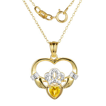 Heart-Shaped Genuine Citrine and Diamond-Accent Claddagh Pendant Necklace