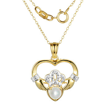 Cultured Freshwater Pearl and Diamond-Accent Claddagh Pendant Necklace