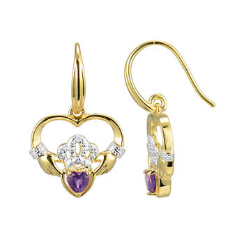 Heart-Shaped Genuine Amethyst and Diamond-Accent Claddagh Earrings