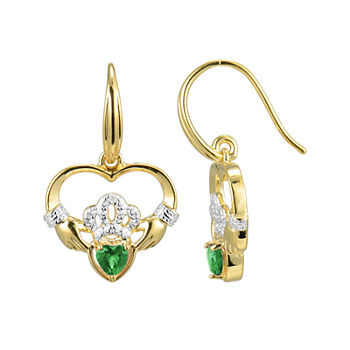 Heart-Shaped Genuine Emerald and Diamond-Accent Claddagh Earrings