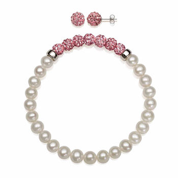 Cultured Freshwater Pearl & Pink Lab Created Crystal Bead Sterling Silver Jewelry Set