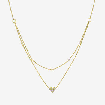 Double Layer Womens 1/8 CT. T.W. Genuine White Diamond 14K Gold Heart Pendant Necklace