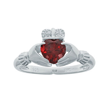 Heart-Shaped Genuine Garnet and Diamond-Accent Sterling Silver Claddagh Ring