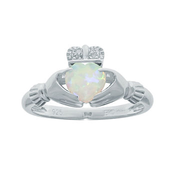 Heart-Shaped Lab-Created Opal and Diamond-Accent Sterling Silver Claddagh Ring