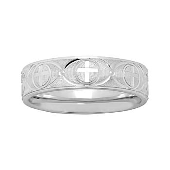 Mens Personalized 6mm Comfort Fit Sterling Silver Cross Wedding Band