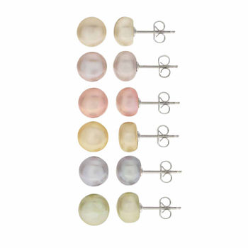 Cultured Freshwater Button Pearl Sterling Silver 6pc Stud Earring Set