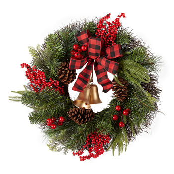 North Pole Trading Co. Buffalo Check Sleigh Bells Pre-Lit Indoor Christmas Wreath