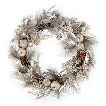 North Pole Trading Co. Chateau Silver Gold Pine Indoor Pre-Lit Christmas Wreath