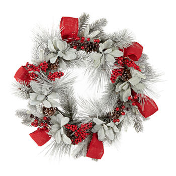 North Pole Trading Co. Flocked Red Burlap And Berries Indoor Pre-Lit Christmas Wreath