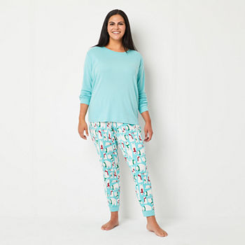 North Pole Trading Co. Womens Plus Round Neck Long Sleeve 2-pc. Pant Pajama Set