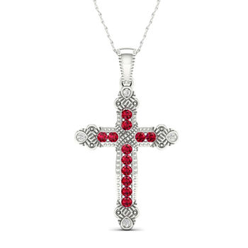 Womens Genuine Red Ruby 10K White Gold Cross Pendant Necklace