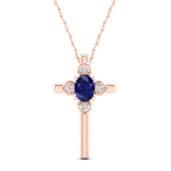 Womens Genuine Sapphire 10K Rose Gold Cross Pendant Necklace