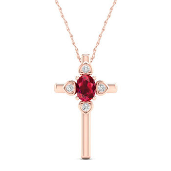 Womens Genuine Red Ruby 10K Rose Gold Cross Pendant Necklace