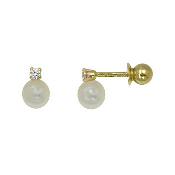 Girls 14K Yellow Gold Simulated Pearl & Cubic Zirconia Stud Earrings