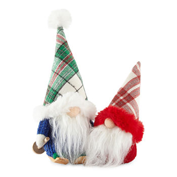 North Pole Trading Co. North Pole Village Plaid Hat & Ski Gnome 2-pc. Christmas Ornament Set