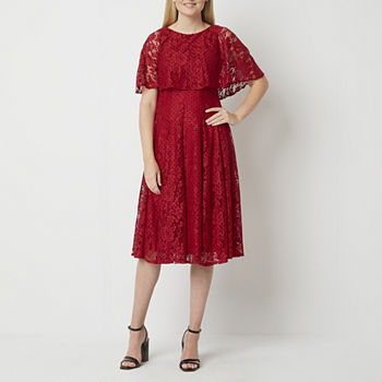 Danny & Nicole Short Sleeve Floral Dot Lace Midi Fit + Flare Dress