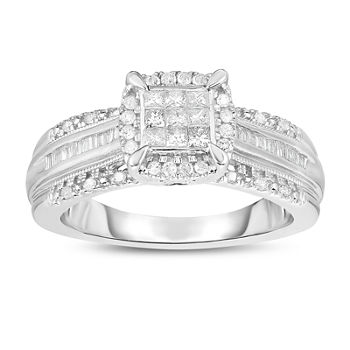 Womens 1/2 CT. T.W. Genuine White Diamond 10K Gold Cushion Side Stone Halo Engagement Ring