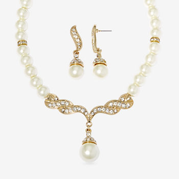 Monet® Simulated Pearl and Crystal Gold-Tone Drop Earring and Necklace Set