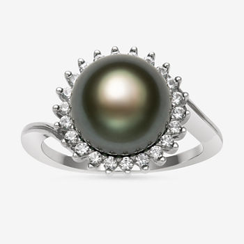 Womens 9.5M Black Cultured Tahitian Pearl Sterling Silver Cocktail Ring