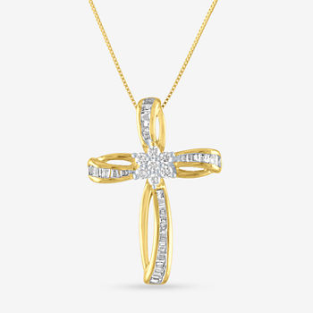 Womens 1/3 CT. T.W. Genuine White Diamond 10K Gold Cross Pendant Necklace