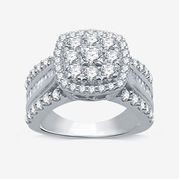 Womens 2 CT. T.W. Genuine White Diamond 10K White Gold Cushion Side Stone Halo Engagement Ring