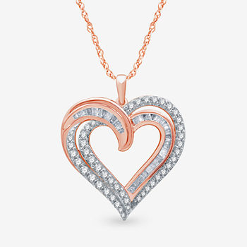 Womens 1 CT. T.W. Genuine White Diamond 14K Rose Gold Over Silver Heart Pendant Necklace