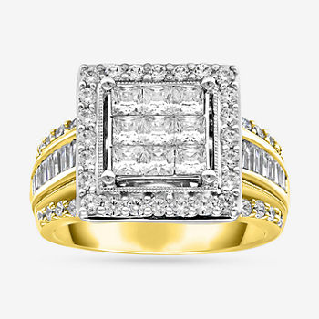 Womens 2 CT. T.W. Genuine White Diamond 10K Gold Side Stone Halo Engagement Ring