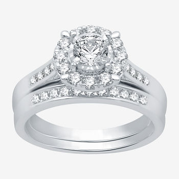 I Said Yes Womens 1 CT. T.W. Lab Grown White Diamond Sterling Silver Round Side Stone Halo Bridal Set