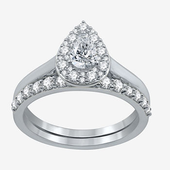 I Said Yes Womens 1 CT. T.W. Lab Grown White Diamond Sterling Silver Pear Side Stone Halo Bridal Set