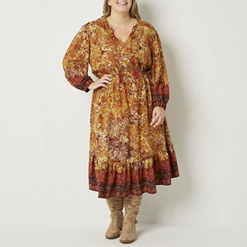 Frye And Co Plus Long Sleeve Midi Fit + Flare Dress