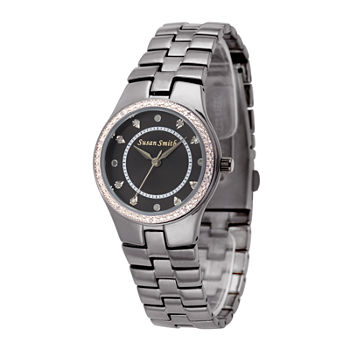 Personalized Dial Womens Diamond-Accent Black Bracelet Watch