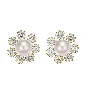 Girls Pearl & Cubic Zirconia Flower Stud Earrings